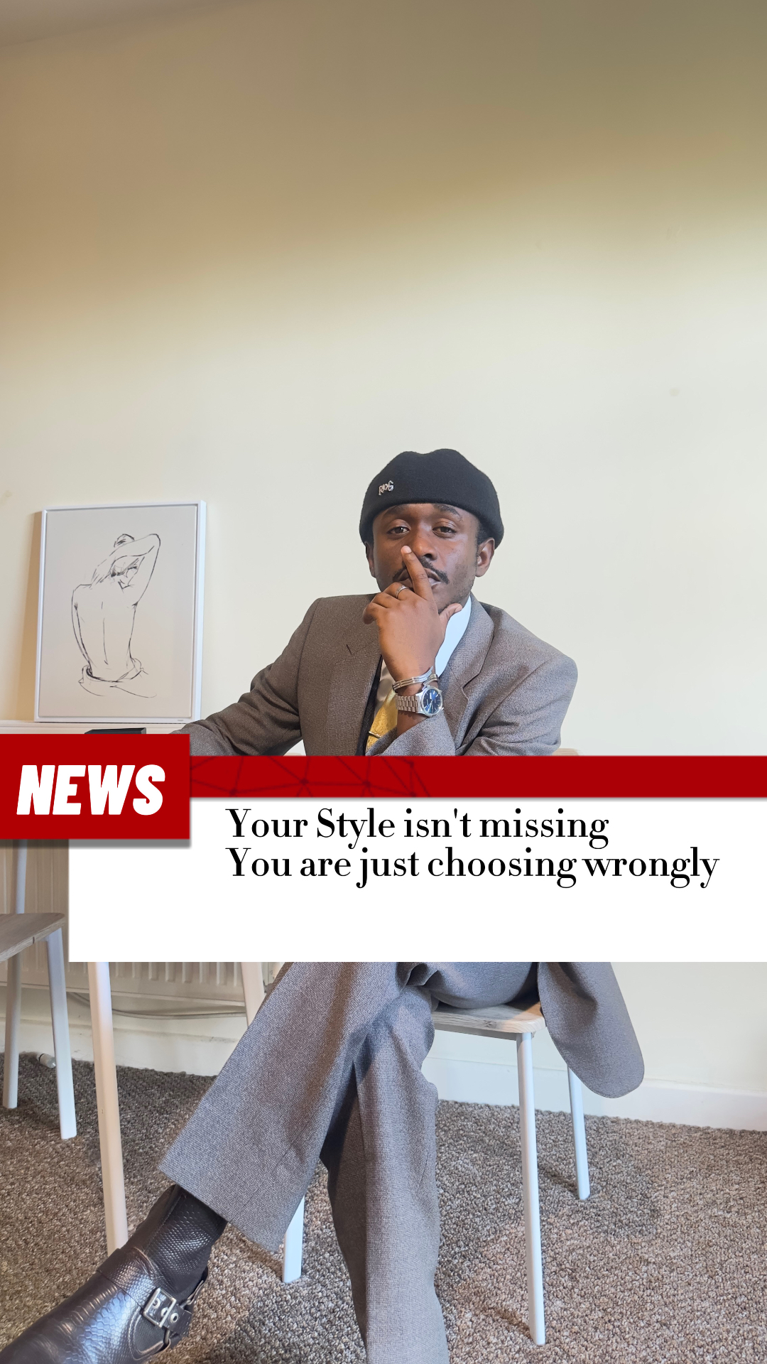 Trepetsi portrait in grey tailoring with a fashion news headline